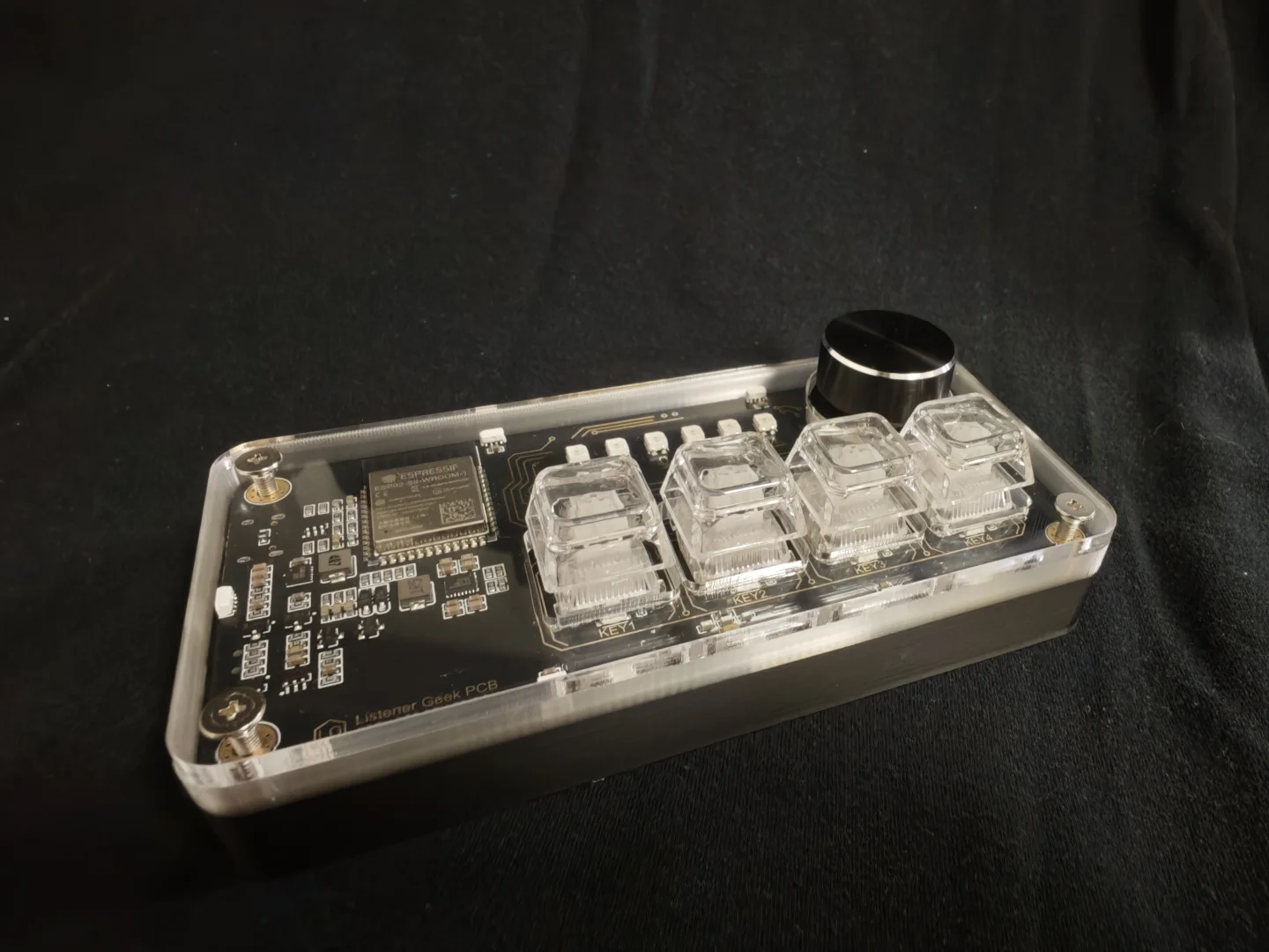 Real Listener prototype with clear keys and visible electronics